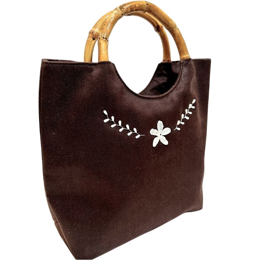Lafayette 148 Brown Fabric Purse Women's‎ Handbag White Shells Rattan Handle
